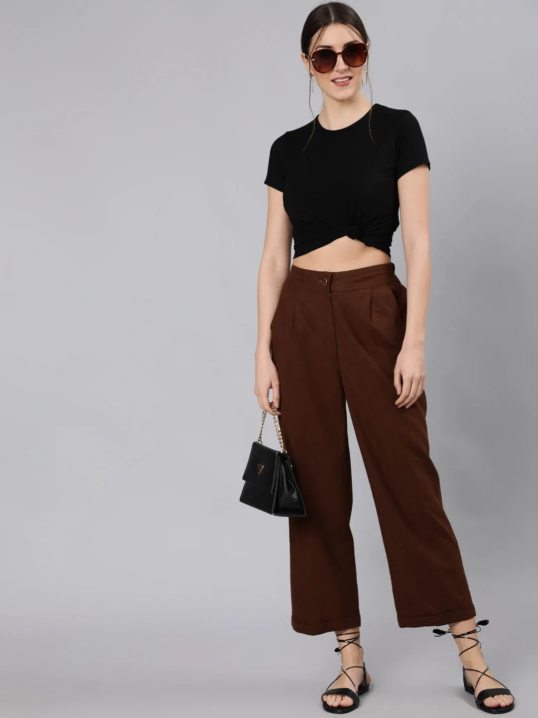 Brown Cotton Slub Straight High Rise Bottom-Fold Pants