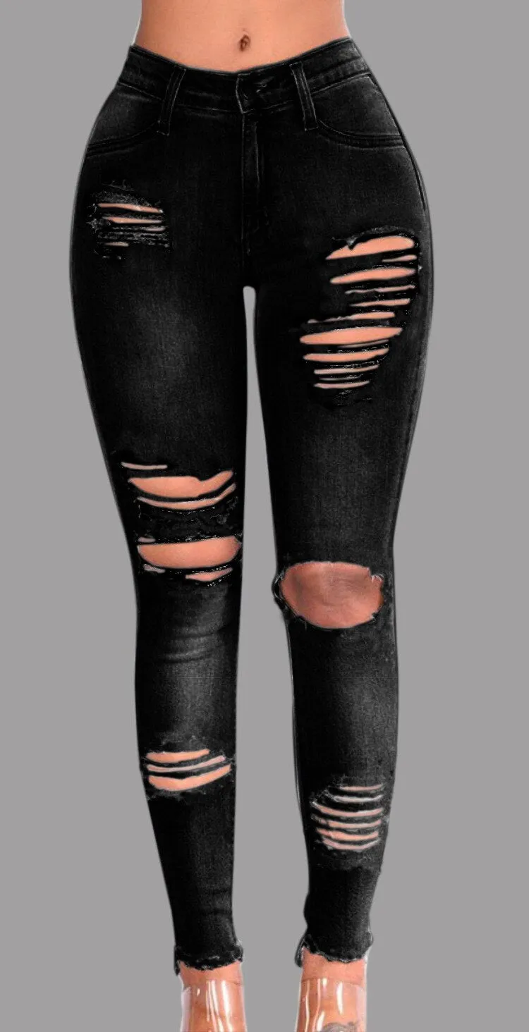FashionSierra - Women's Jeans European and American Stretch Cotton Holes Pencil Feet Pants High Waisted Jeans