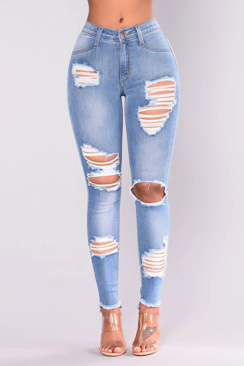 FashionSierra - Women's Jeans European and American Stretch Cotton Holes Pencil Feet Pants High Waisted Jeans