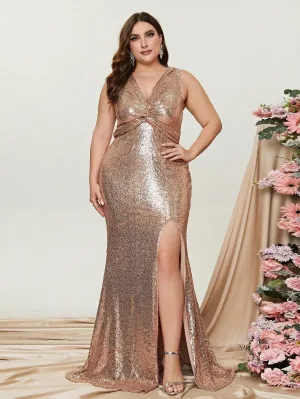 Plus V Neck Sleeveless Split Thigh Sequin Mermaid Dress