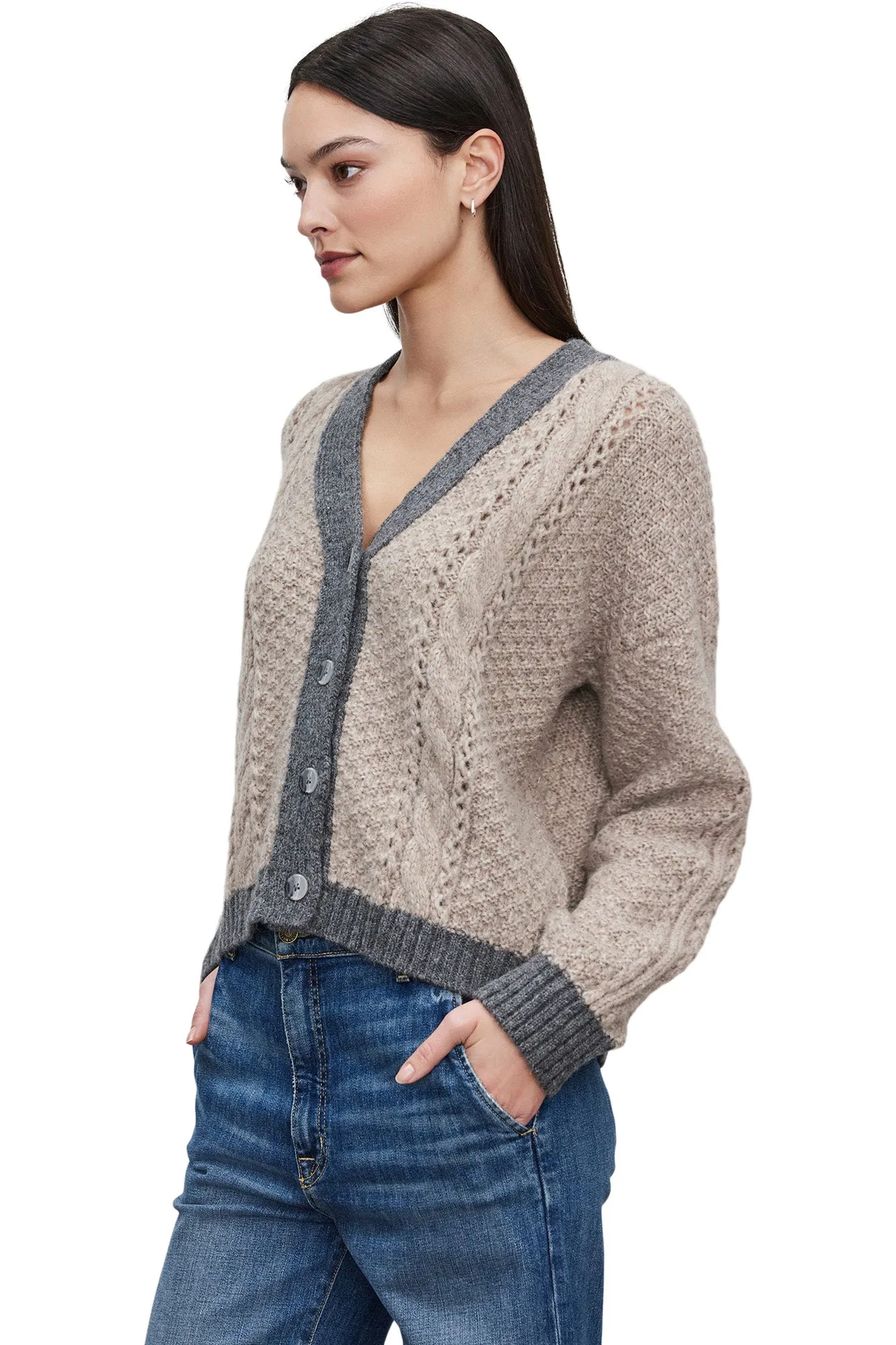 Velvet Izzy Cable Knit Cardigan in Oat-Grey
